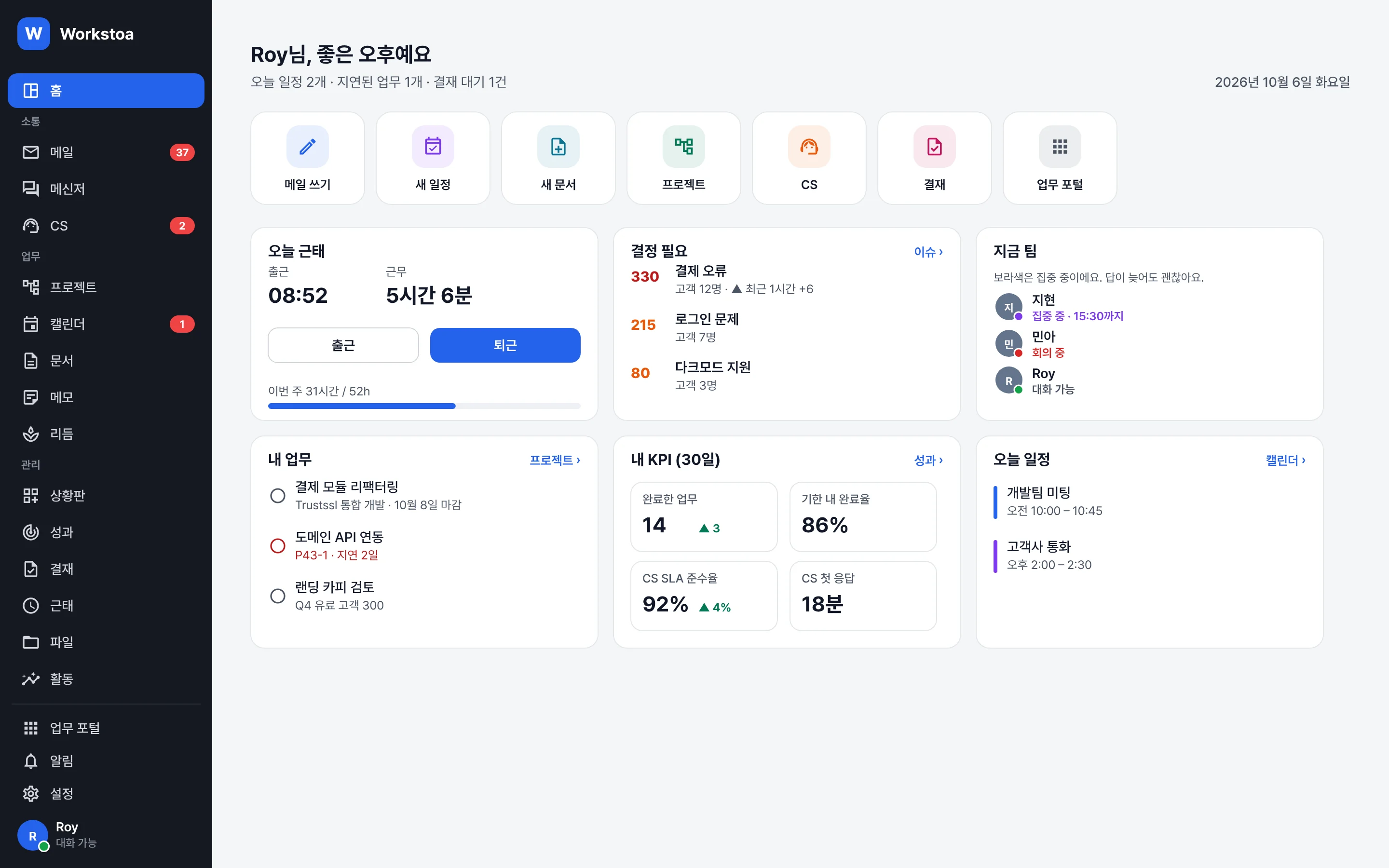 Workstoa 홈 화면: 오늘 근태, 결정이 필요한 고객 이슈, 지금 팀 상태, 내 업무, 내 KPI, 오늘 일정