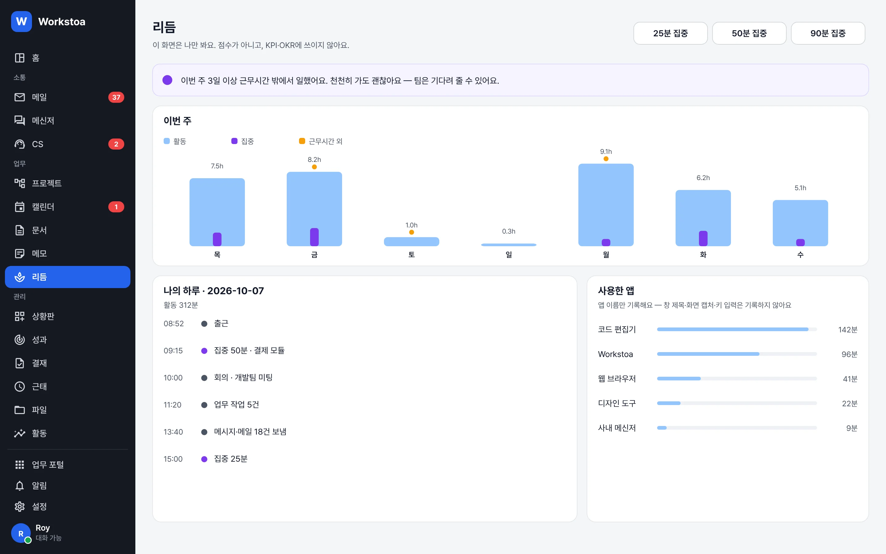 리듬 화면: 이번 주 활동과 집중 시간, 나의 하루, 사용한 앱